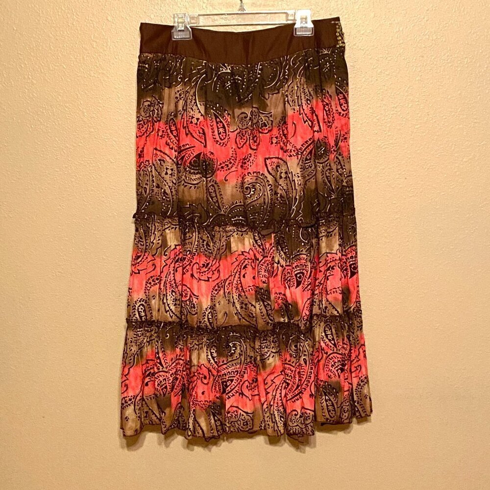 Metro7 Seven Brown Pink Paisley Sequin Beaded Midi Gypsy Skirt Missy Size 12 - Picture 2 of 13